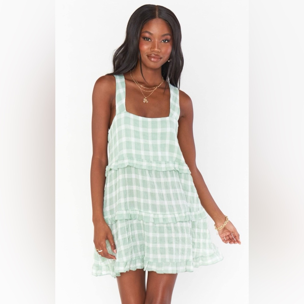SMYM Napa Dress Pale Green Checkered Plaid Airy Ruffled Summer Coverup Mini